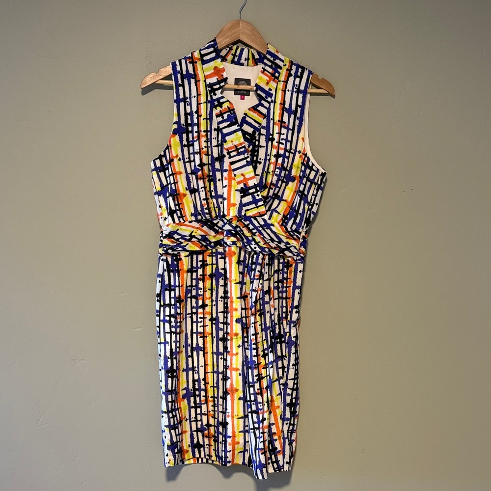 Sleeveless Abstract Stripe Faux Wrap Dress